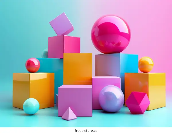 Colorful Abstract Geometric Shapes: Spheres, Cubes & Pyramids