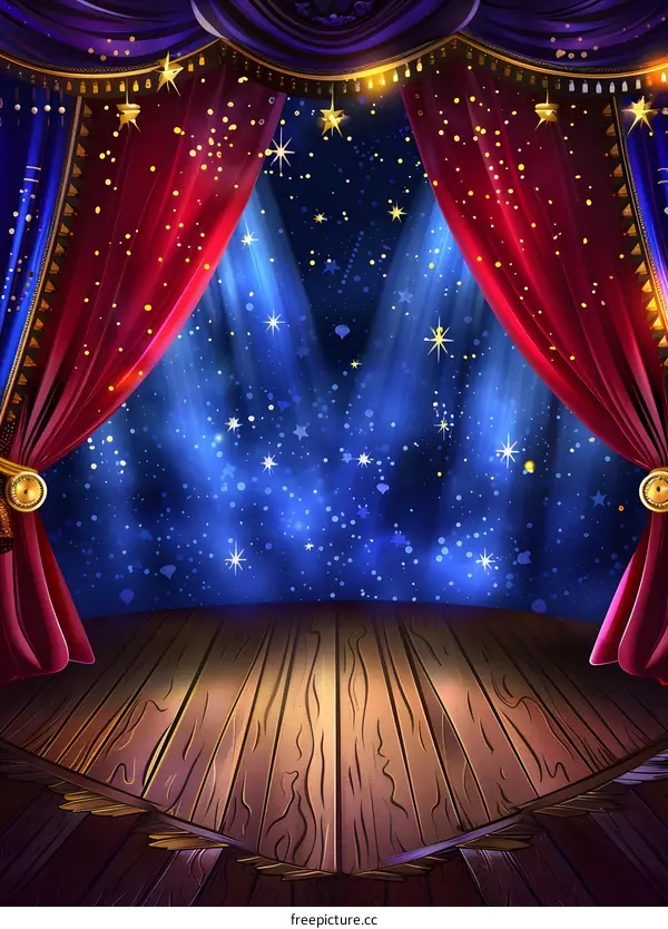 Red Curtains and Stage Lights with a Starry Night Background