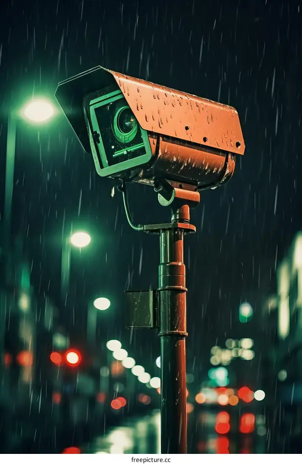 Surveillance camera in the rain at night