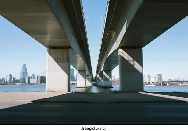 Underneath view of a modern bridge spanning over water with cityscape in the background