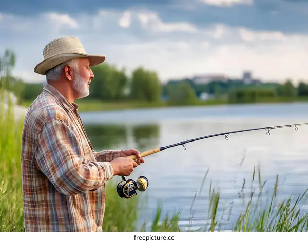 Senior Man Fishing with a Fishing Rod by the Lake