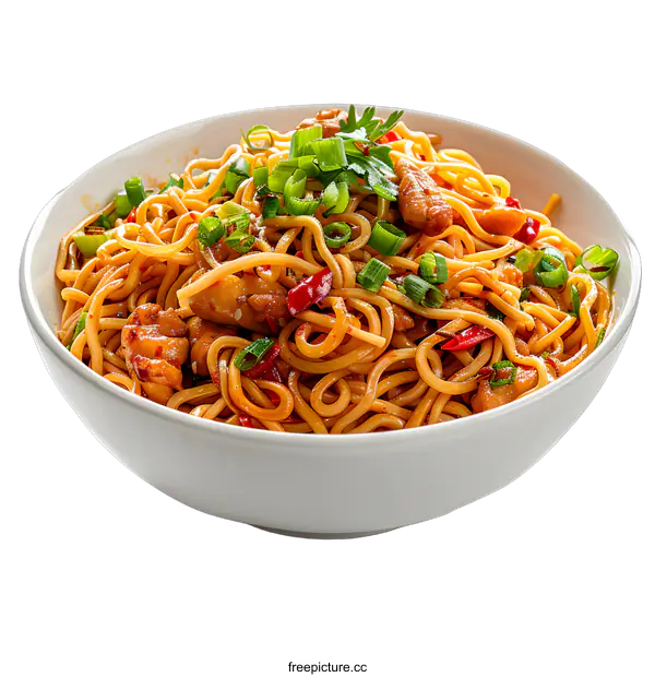 [Transparent Background PNG]Spicy Chicken Noodles in White Bowl