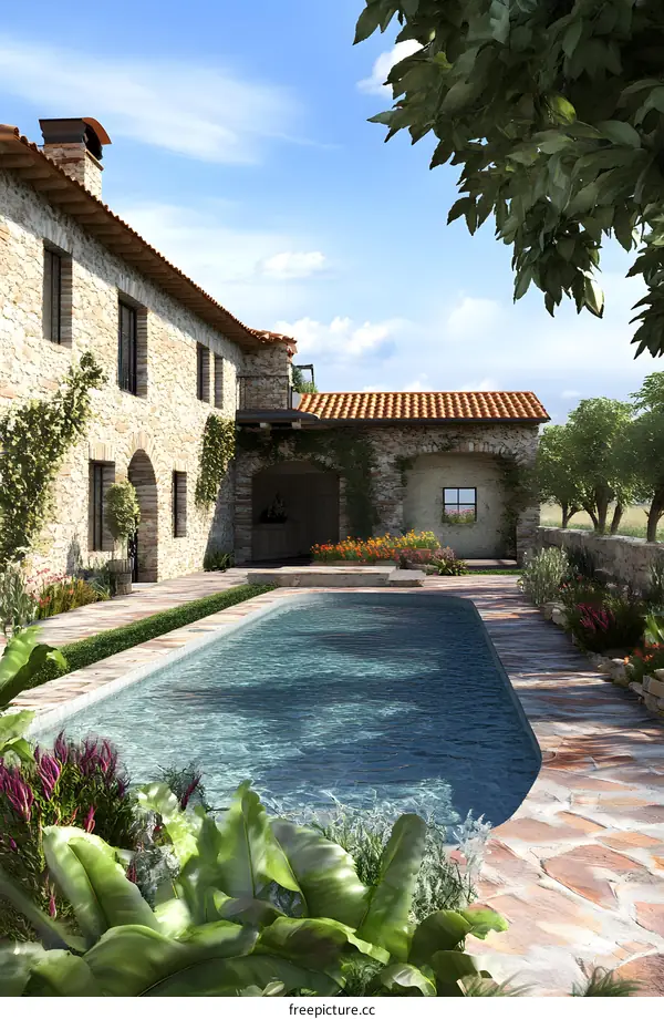 Stone House With Swimming Pool In Backyard