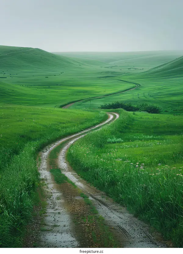 Curving Road Through Green Grassy Hills