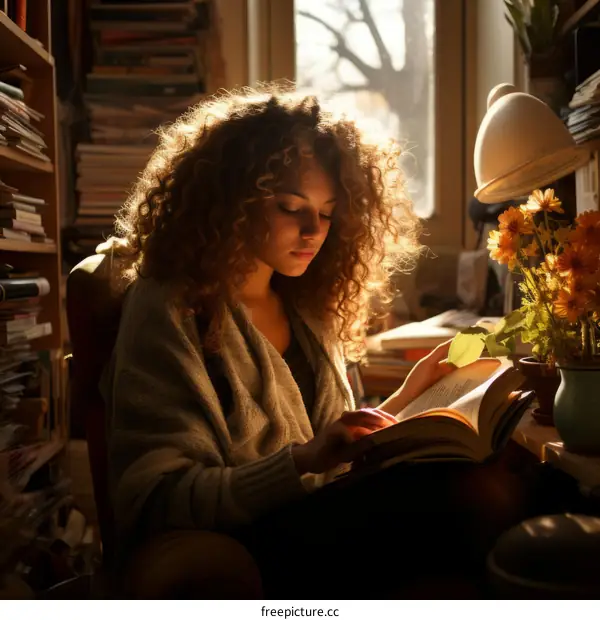 A young woman is reading a book in a library