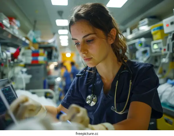 A female doctor is working in the emergency room.