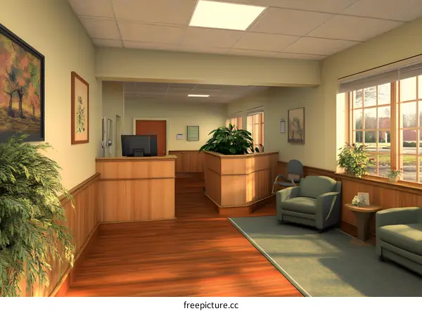 Office Lobby Interior Design with Wooden Walls and Reception Desk