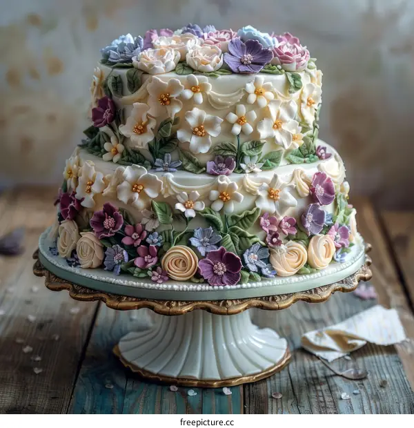 A cake decorated with various kinds of flowers
