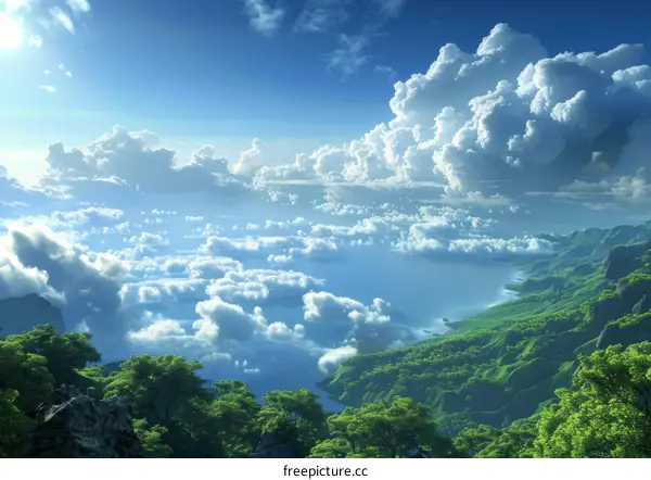 Green Mountains by Turquoise Sea under Expansive Heavenly Canopy