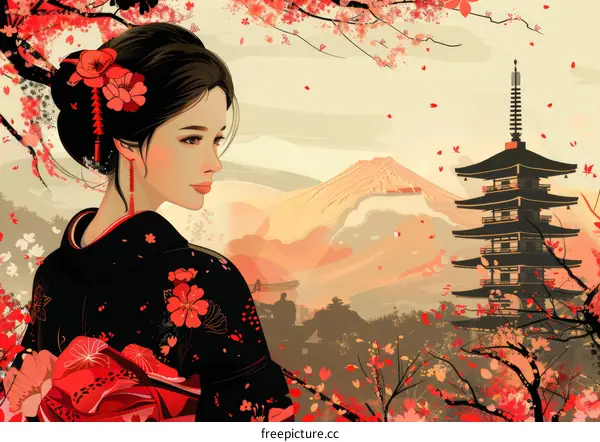 A woman in a kimono standing in a field of cherry blossoms with a pagoda in the background