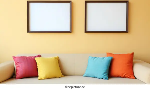 Beige Sofa with Colorful Cushions and Picture Frames