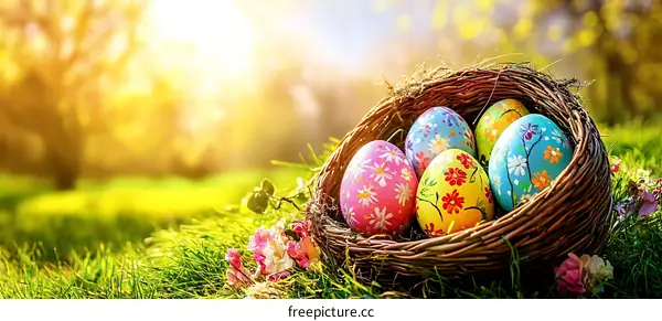 Colorful Easter Eggs in a Nest on Grassy Field