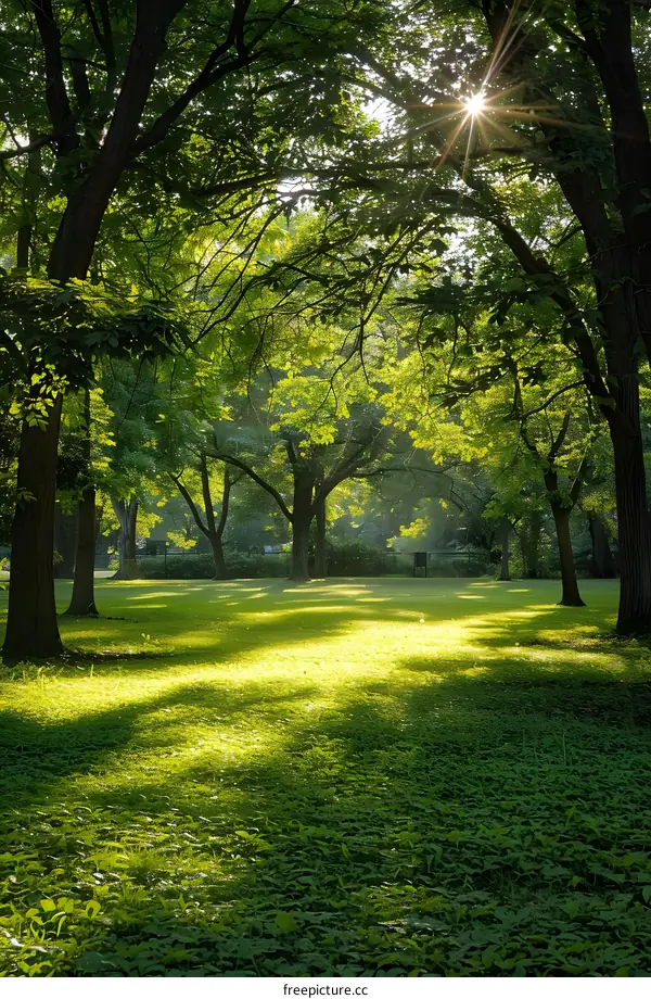 Sunlight shining through the trees in a city park