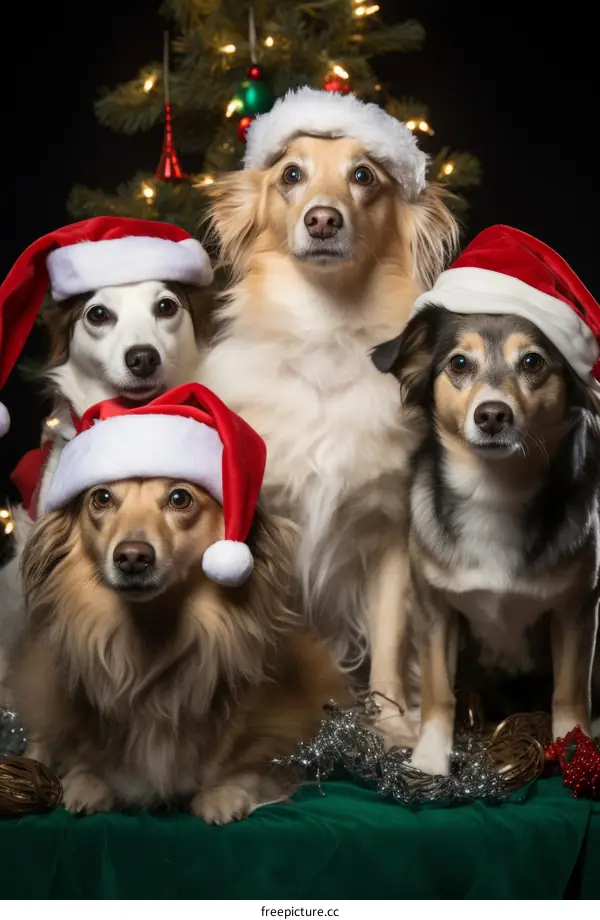 Four dogs wearing Santa hats sit in front of a decorated Christmas tree
