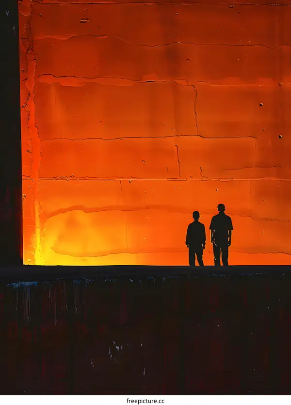 Silhouettes of Two Men Standing in Front of a Large Orange Wall