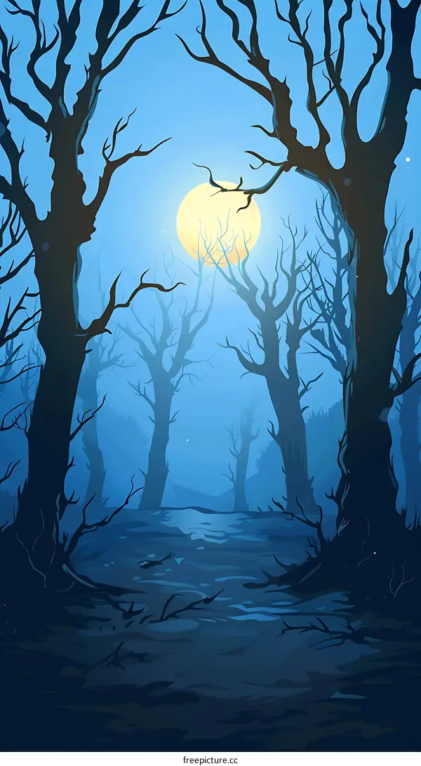 Dark Forest Landscape Illustration With Full Moon