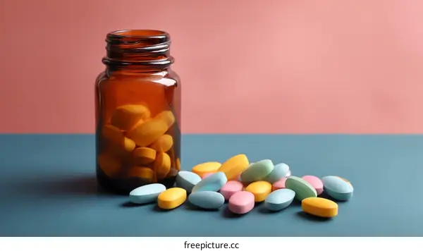 Colorful Pills in a Brown Bottle