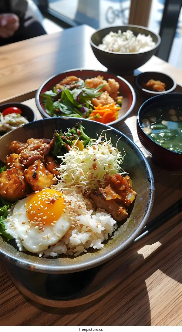 Japanese Set Meal with Fried Chicken and Sunny Side Up Egg