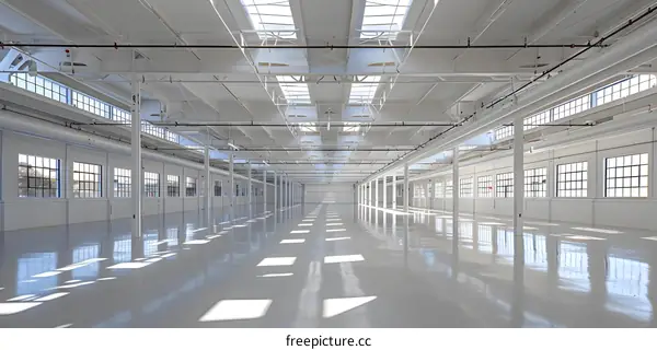 Empty Industrial Warehouse with White Walls and Large Windows