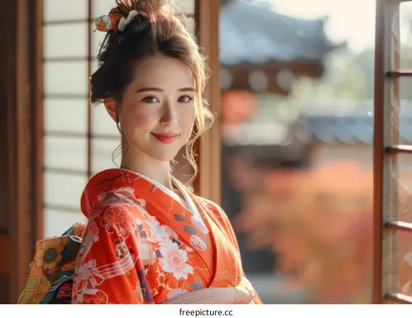 Portrait of a beautiful Japanese woman in traditional kimono