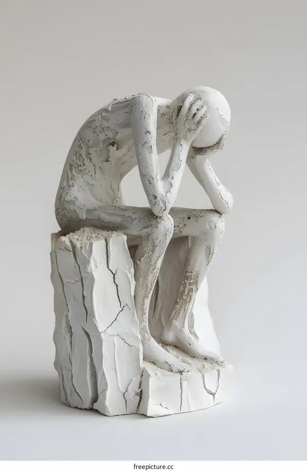 White Sculpture of a Person Sitting and Thinking