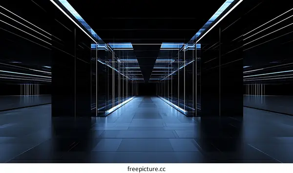 Futuristic Dark Corridor with Blue Light Lines