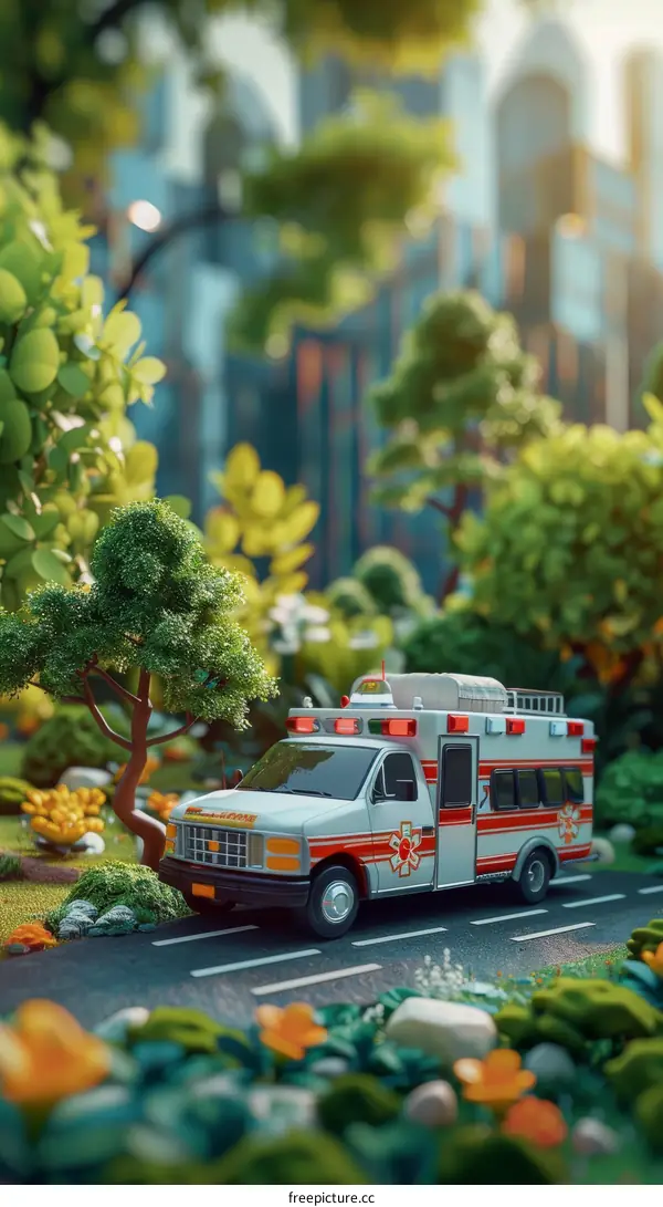 Ambulance drives through a miniature city