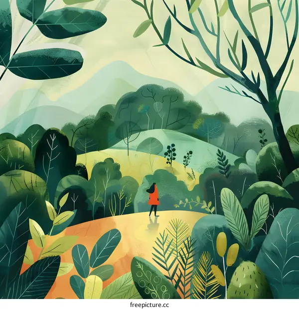 Woman Walking Through a Forest Illustration
