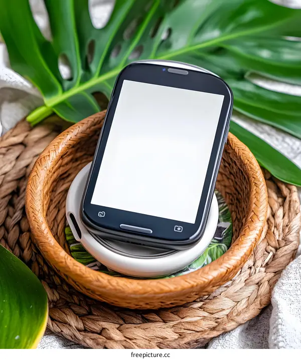Black Smartphone on a Wireless Charger in a Woven Basket with Green Leaves