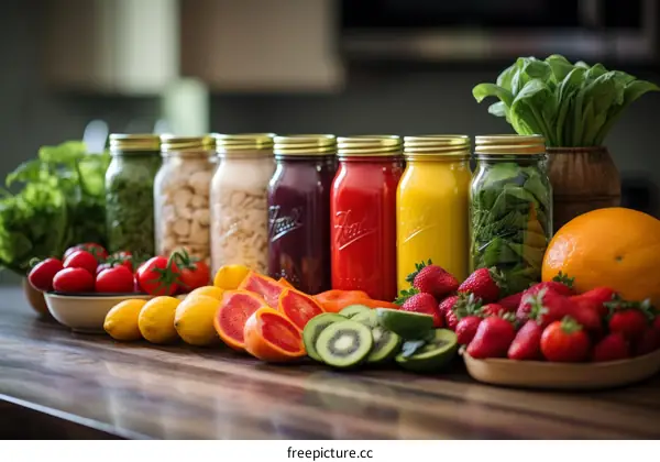 A variety of fresh fruits and vegetables on a wooden table