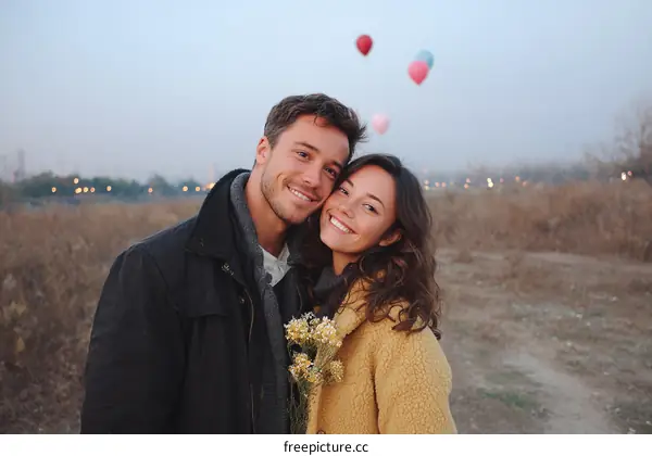 Couple Posing Outdoors with Hot Air Balloons in Background