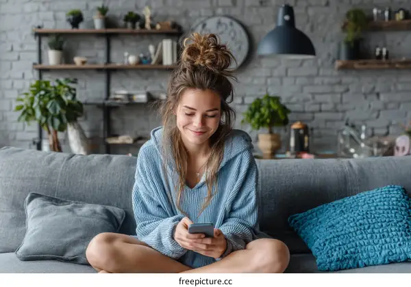 Young Woman Relaxing on Sofa Using Smartphone