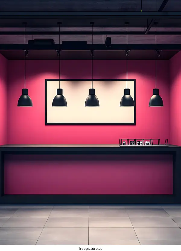 Minimalist Pink Room Interior Design with Black Hanging Lights and a Table