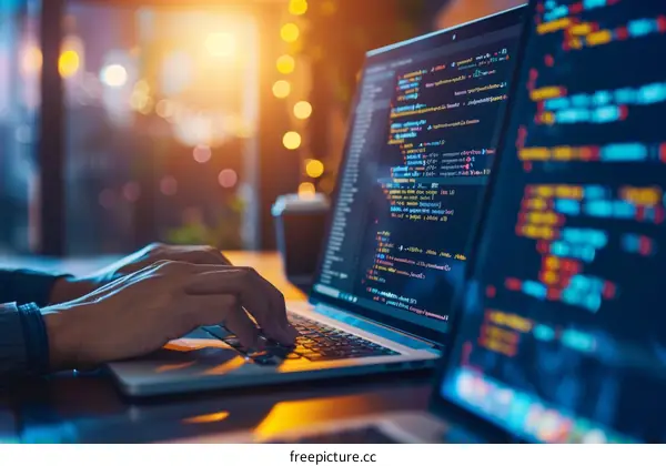 Closeup of Hands Typing on Laptop Keyboard With Coding on Screen