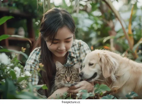 A young woman is petting a cat and a dog in a garden.
