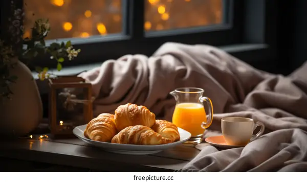 A Cozy Breakfast Nook with Croissants and Orange Juice