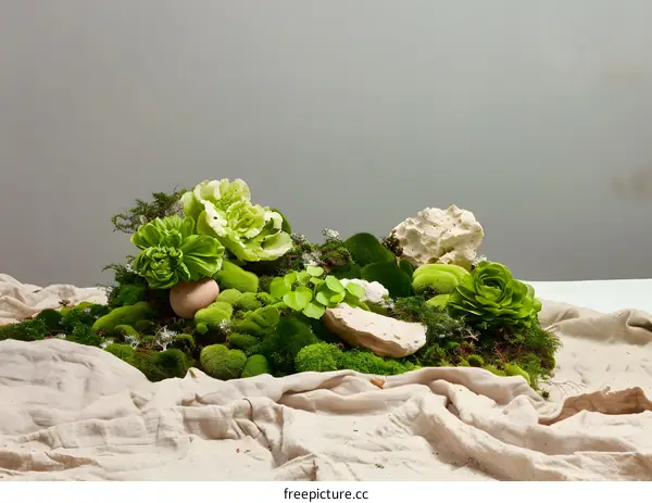 Green Moss and Rock Arrangement on White Linen Fabric