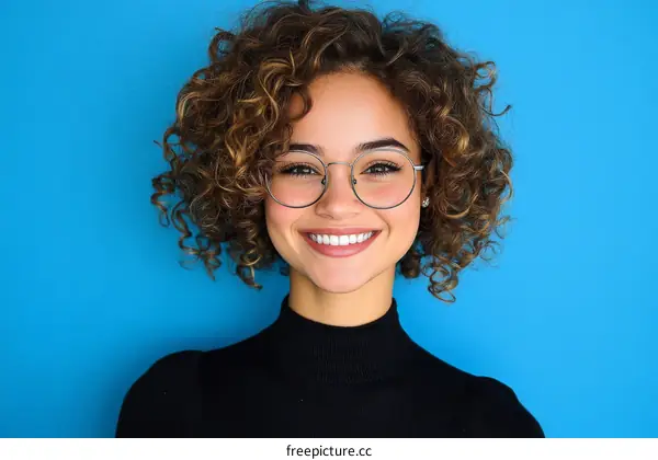 Smiling Woman with Curly Hair and Glasses