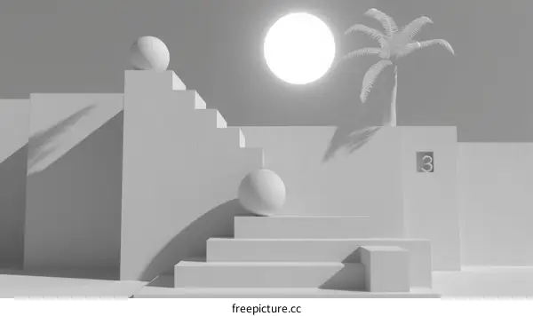 3D rendering of a white geometric landscape with a palm tree