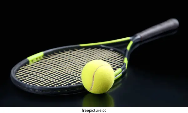 Tennis Racket and Ball on Black Background