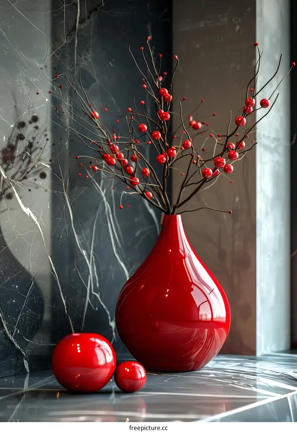 Red vase with red berries