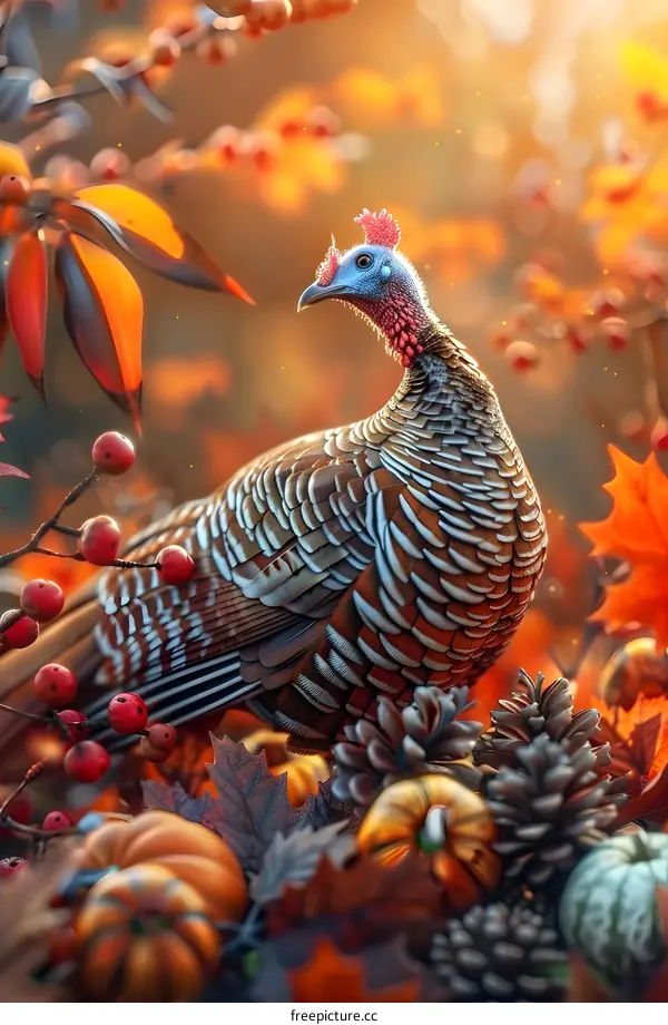 A turkey standing in a fall forest