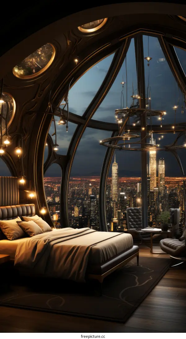 Luxury bedroom with a view of the night city