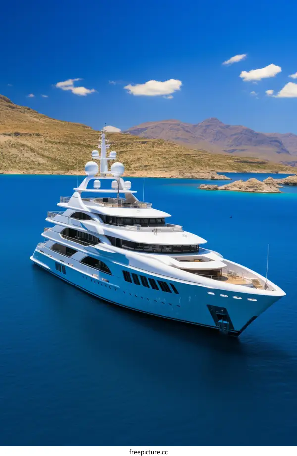 Luxury Yacht Anchored in Calm Blue Sea with Mountainous Islands