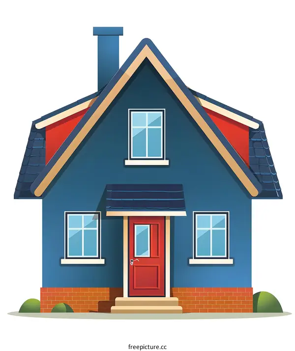 Blue House with Red Door and Windows Illustration