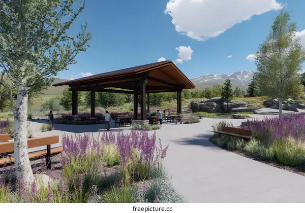 Mountain View Covered Picnic Area with Wooden Tables and Benches