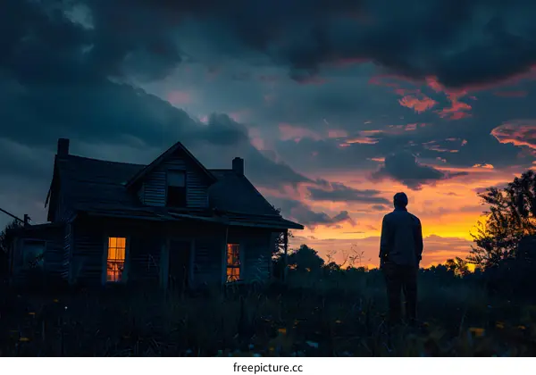 A man standing in a field of flowers at sunset