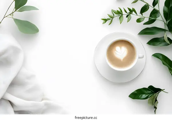 Simple White Background with Coffee Cup and Greenery