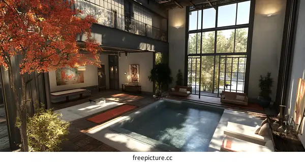 Modern Interior Design with Indoor Swimming Pool and Large Window