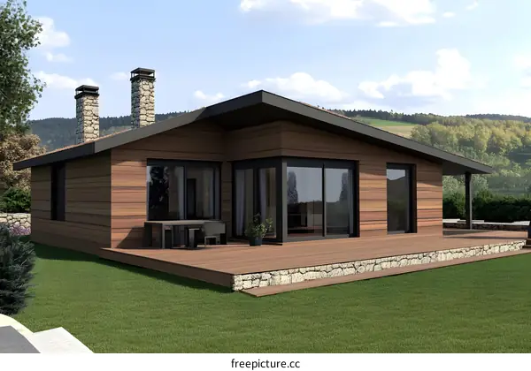 Modern Wooden House with a Deck and Stone Chimney